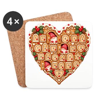 Lebkuchenherz Adventskalender mit Wichteln  - Untersetzer (4er-Set) - Weiß - Vorne
