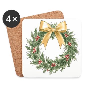 Eleganter goldener Weihnachtskranz mit Schleife - Untersetzer (4er-Set) - Weiß - Vorne