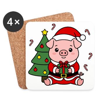 Niedliche Kawaii Pig Santa Weihnachtsbaum-Geschenkbaumkunst - Untersetzer (4er-Set) - Weiß - Vorne