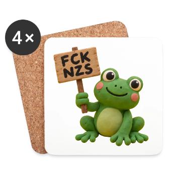 FCK NZS - Frosch mit Holzschild gegen Rechts  - Untersetzer (4er-Set) - Weiß - Vorne