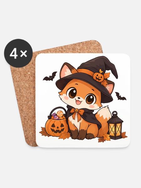 Süßer Kawaii Fuchs als Hexe - Untersetzer (4er-Set) - Weiß