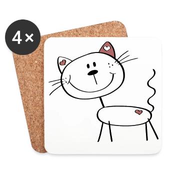 Kleine Katze mit Herzchen - Strichmännchen Comic - Untersetzer (4er-Set) - Weiß - Vorne
