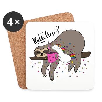 Käffchen Einhorn Faultier Kaffeetasse Büro Kaffee - Untersetzer (4er-Set) - Weiß - Vorne