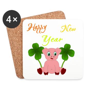 Happy New Year 2021 Nouvel An 2020 Glücks-Cochon - Dessous de verre (lot de 4) - blanc - Devant