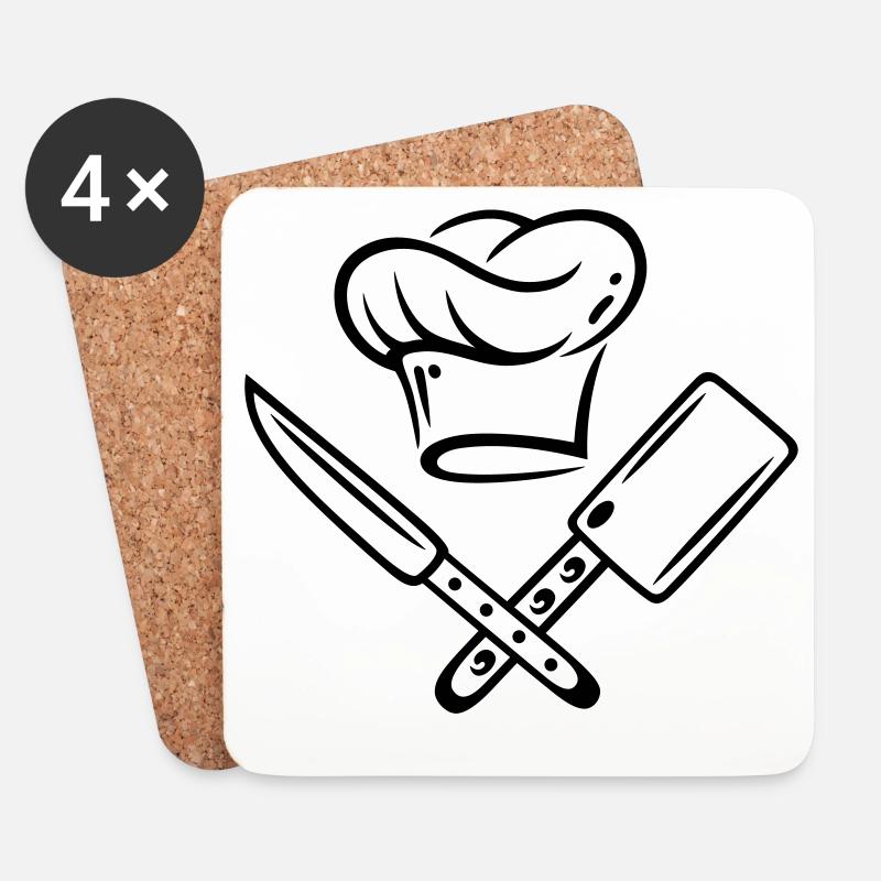 Kochen, Kochmütze mit Messer - Untersetzer (4er-Set) - Weiß