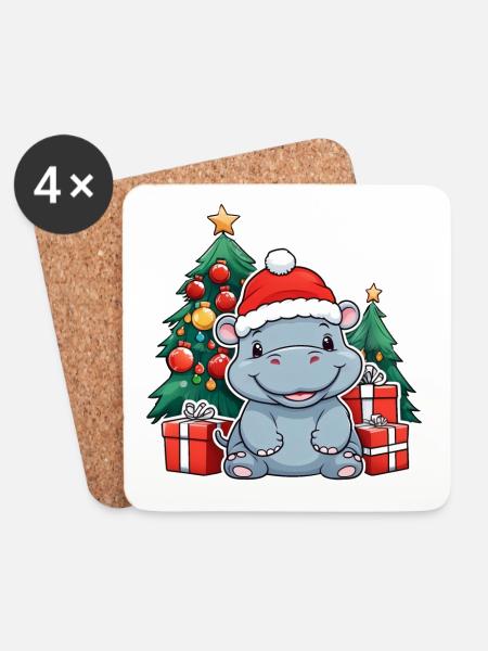 Niedliches Baby Nilpferd mit Weihnachtsmütze - Untersetzer (4er-Set) - Weiß
