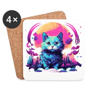 Mond Katze T-Shirt Neon Vaporwave Süß - Untersetzer (4er-Set) - Weiß - Vorne