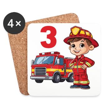 Camion de pompiers 3 anniversaire pompier pompier - Dessous de verre (lot de 4) - blanc - Devant