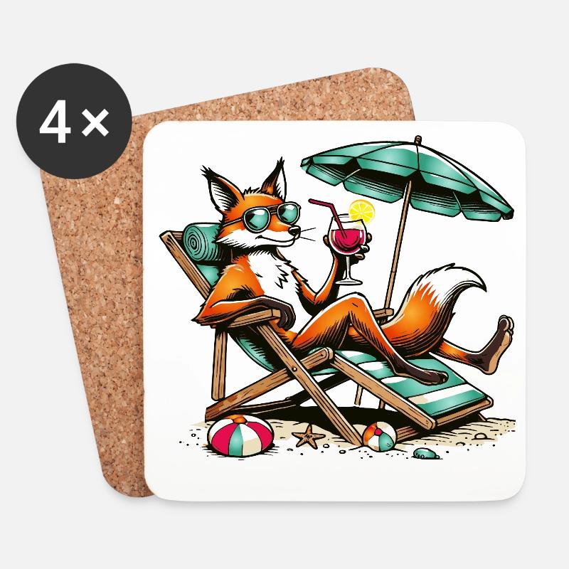 cooler Cartoon-Fuchs am Strand auf einer Liege - Untersetzer (4er-Set) - Weiß