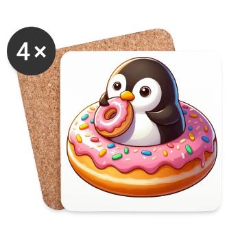 Süßer Pinguin mit Donut Cartoon Lustig - Untersetzer (4er-Set) - Weiß - Vorne