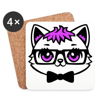 Cat Nerd Nerd Glasses Bow Tie Pink Hair Geek - Coasters (set of 4) - white - Front