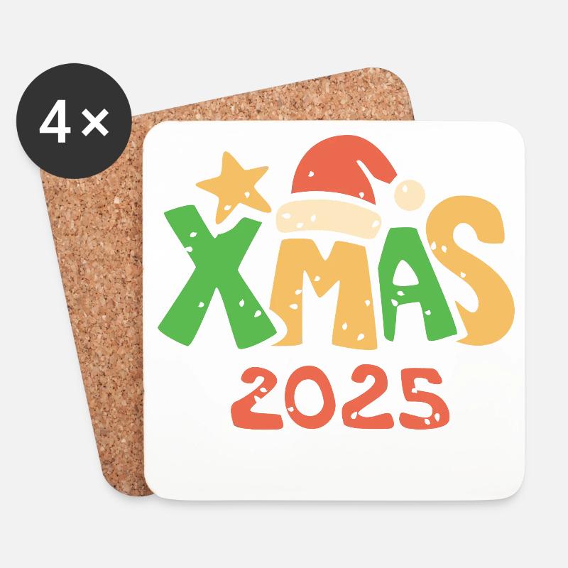 XMAS 2025 bunter Weihnachts-Schriftzug - Untersetzer (4er-Set) - Weiß