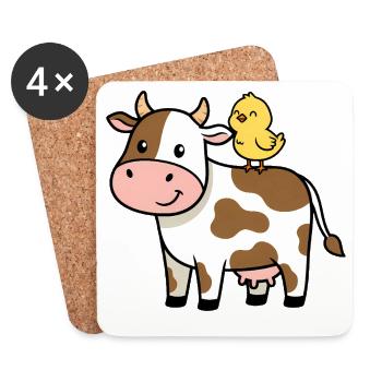 Cute Cow with Bird Friendship - Coasters (set of 4) - white - Front