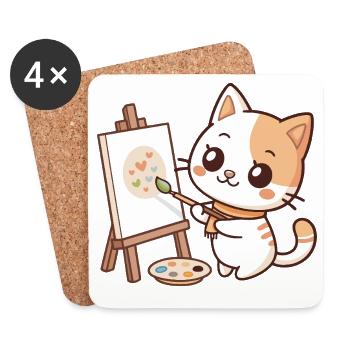 Kawaii Painter Cat on Pastel Palette - Coasters (set of 4) - white - Front