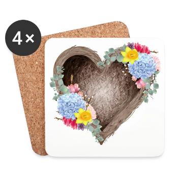 Herzförmiges Vogelnest mit Frühlingsblüten - Untersetzer (4er-Set) - Weiß - Vorne