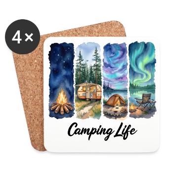 Vie de camping : Aventure aquarelle avec des arbres sous tente - Dessous de verre (lot de 4) - blanc - Devant