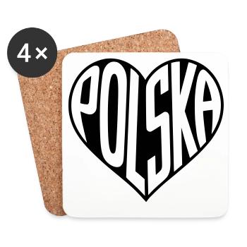 Pologne, Typographie du cœur de Polska - Dessous de verre (lot de 4) - blanc - Devant