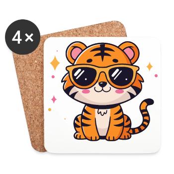 Tigre chic kawaii avec lunettes soleil - Dessous de verre (lot de 4) - blanc - Devant