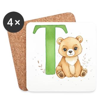 Teddy mit grünem Buchstaben T - Untersetzer (4er-Set) - Weiß - Vorne