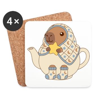   Chill Capybara in Teapot with blanket & stars - Coasters (set of 4) - white - Front