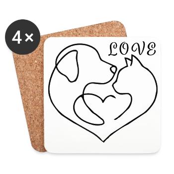 A Heart for Dog & Cat – One-Line Art Love - Coasters (set of 4) - white - Front