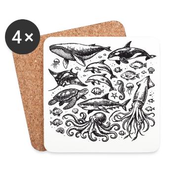Vintage Ocean: Sea Animal Engraving - Coasters (set of 4) - white - Front