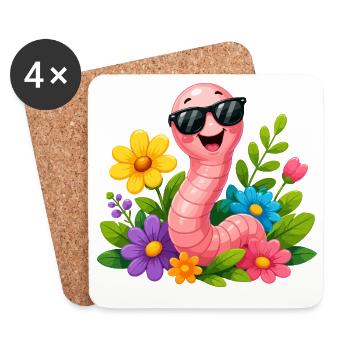 Cheerful worm with sunglasses in flower garden - Coasters (set of 4) - white - Front