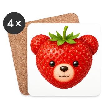 Bear Face Cute Strawberry Fruit Animal Motif Kawaii - Coasters (set of 4) - white - Front