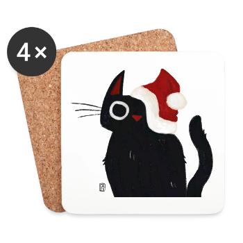 Chat noir avec chapeau de Père Noël - Dessous de verre (lot de 4) - blanc - Devant