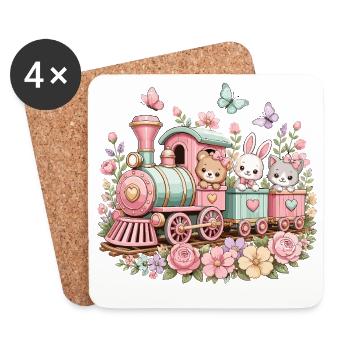 Pastel Train with Critters and Flowers - Coasters (set of 4) - white - Front