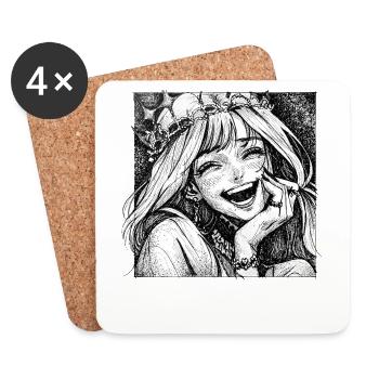 Smiling Crown Princess Linocut Print - Coasters (set of 4) - white - Front