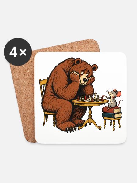 Bär & Maus beim Schach – Lustiges Schachmotiv - Untersetzer (4er-Set) - Weiß
