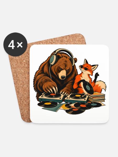 Bär & Fuchs als Vinyl DJs – Musikduo - Untersetzer (4er-Set) - Weiß