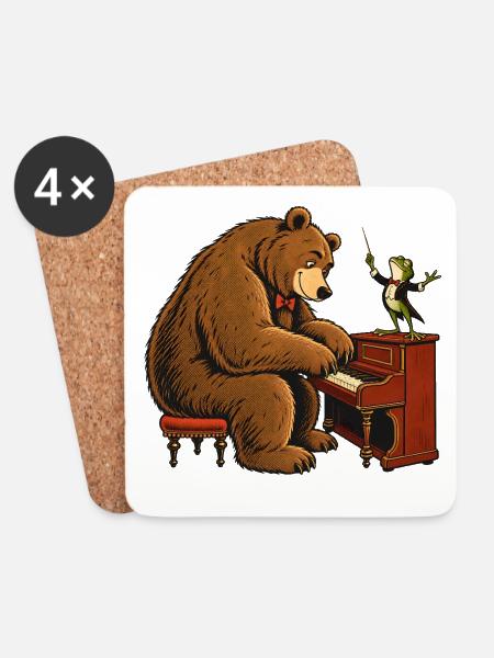 Bär & Frosch am Klavier – Lustiges Musikmotiv - Untersetzer (4er-Set) - Weiß