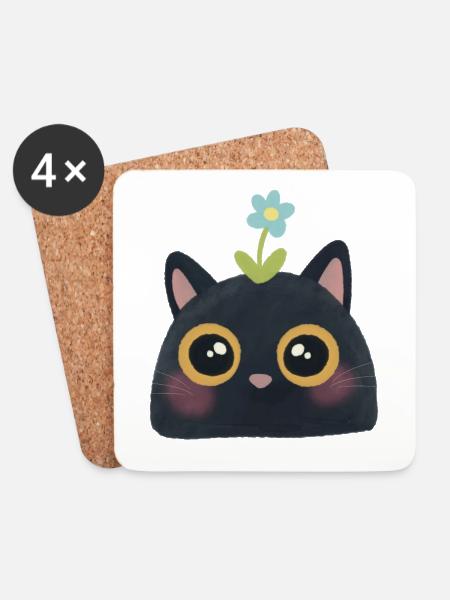 Schwarze Katze mit Blume – Niedliche, cute - Untersetzer (4er-Set) - Weiß
