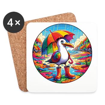 Rainbow seagull with parasol and rubber boots - Coasters (set of 4) - white - Front