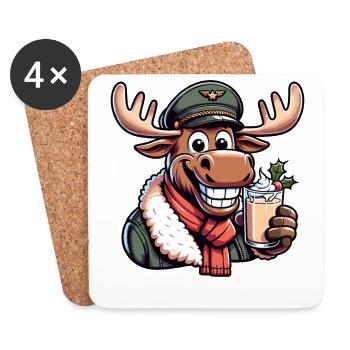 Elch Rudolph Pilot Pilotenmütze trinkt Eierpunsch - Untersetzer (4er-Set) - Weiß - Vorne