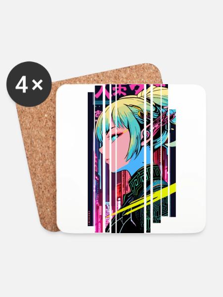 Cyberpunk Frau Geometrisch Rosa Blau Japan - Untersetzer (4er-Set) - Weiß