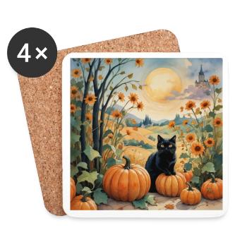 Black Cat with Pumpkins Autumn Halloween - Coasters (set of 4) - white - Front