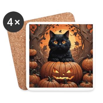 Halloween Black Cat with Jack-o-Lantern Autumn - Coasters (set of 4) - white - Front