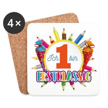 Emblem Erstklassig mit Buntstiften und Schultüten - Untersetzer (4er-Set) - Weiß - Vorne