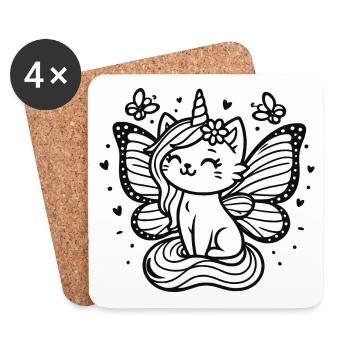Chat licorne ailé (noir) - Dessous de verre (lot de 4) - blanc - Devant