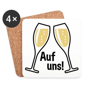 XAuf Uns! 2 Sektgläser (Sekt / Oval / Zu / 2C) - Untersetzer (4er-Set) - Weiß - Vorne