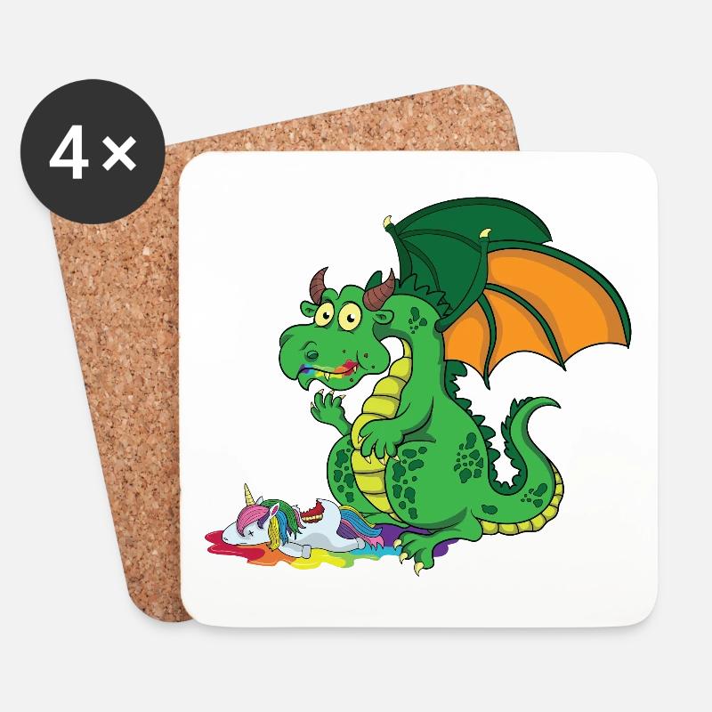 Lustiger Drache - Drache frisst Einhorn - Untersetzer (4er-Set) - Weiß