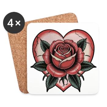 Coeur avec rose, amour, tatouage - Dessous de verre (lot de 4) - blanc - Devant