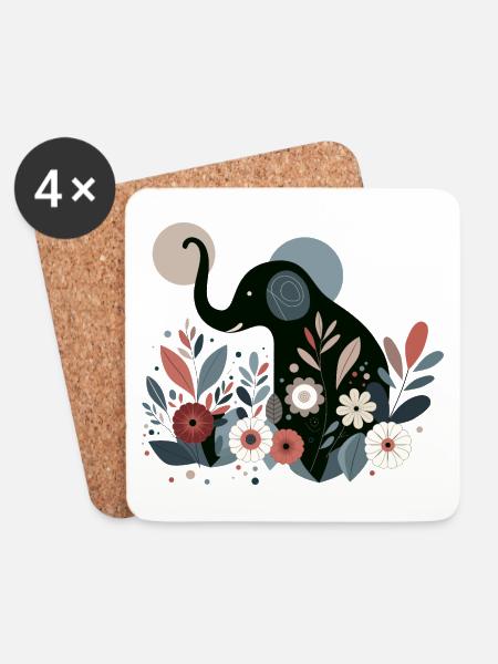 Floraler Elefant - Untersetzer (4er-Set) - Weiß