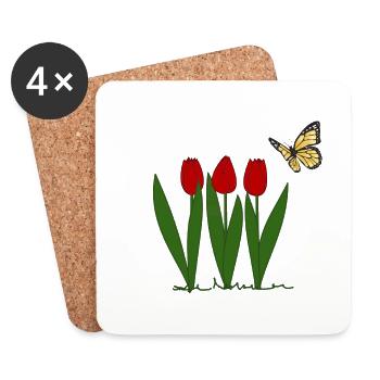 Tulpen und Schmetterling, Frühling - Untersetzer (4er-Set) - Weiß - Vorne