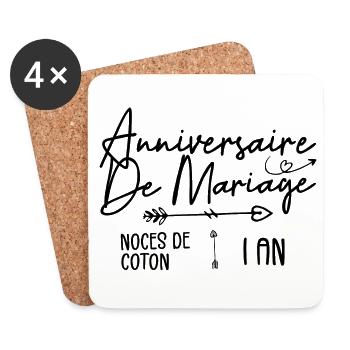 Anniversaire de mariage 1ans - Noce de Coton 1ans - Dessous de verre (lot de 4) - blanc - Devant