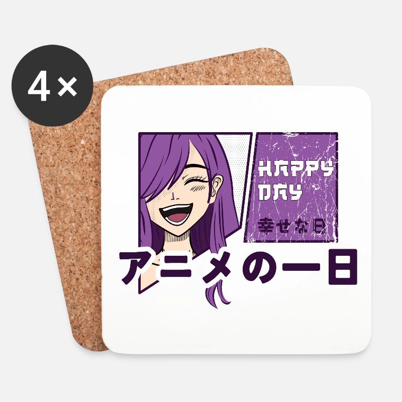 Glücklicher Tag mit Anime - Untersetzer (4er-Set) - Weiß