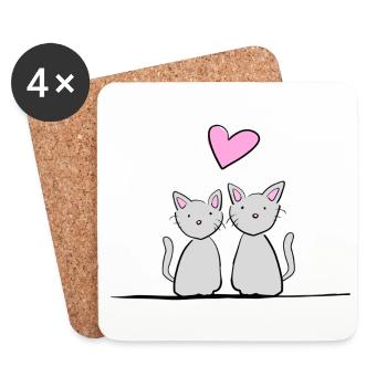 Cat Line Couples Heart Love - Coasters (set of 4) - white - Front